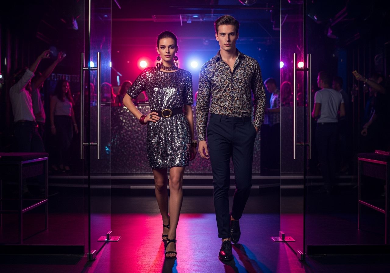 Mladý pár v disco outfitech vstupuje do nočního klubu za neonových světel a hudby.