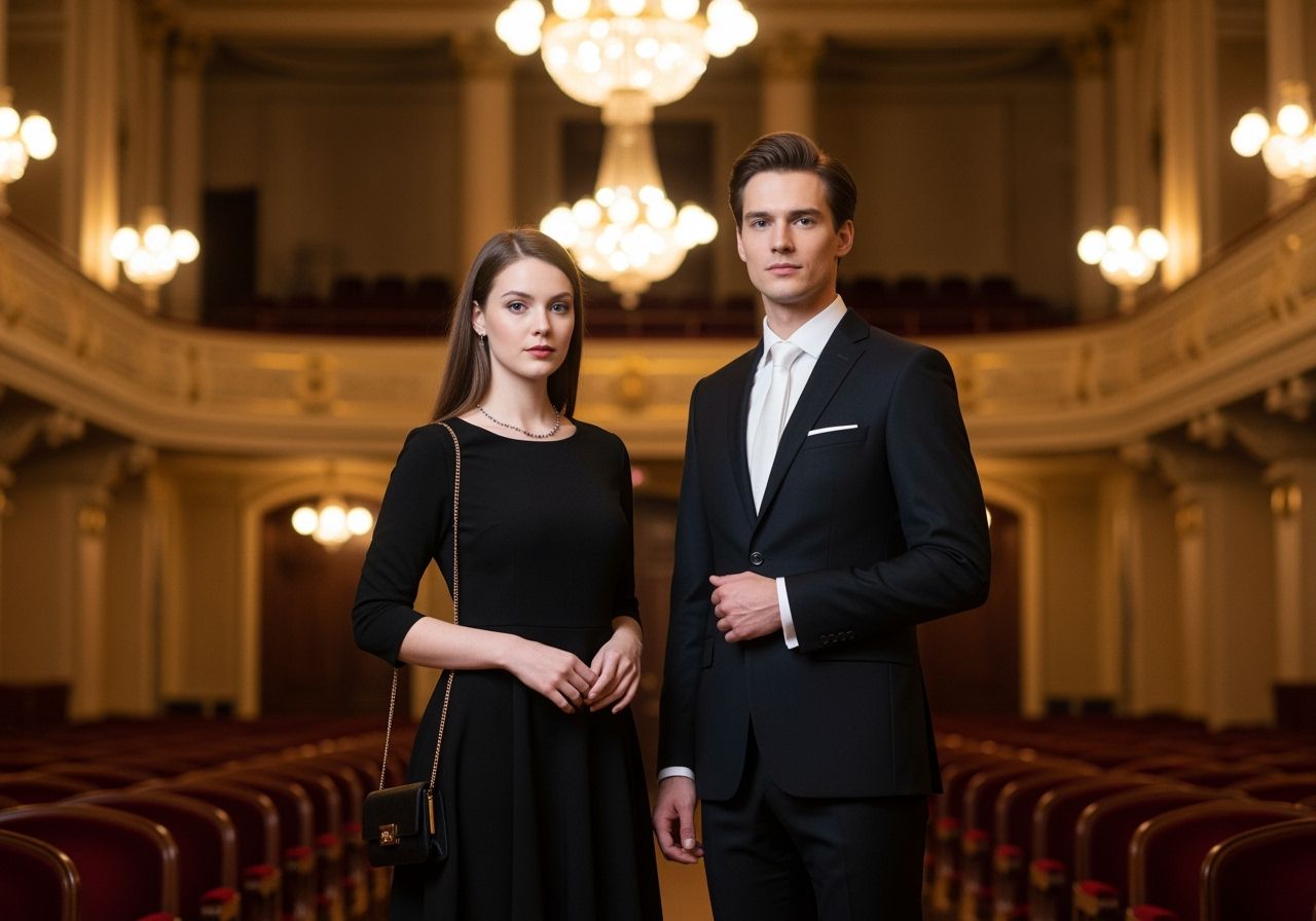 Mladý pár v elegantním oblečení v hale klasického koncertu s červenými sedačkami a lustry.
