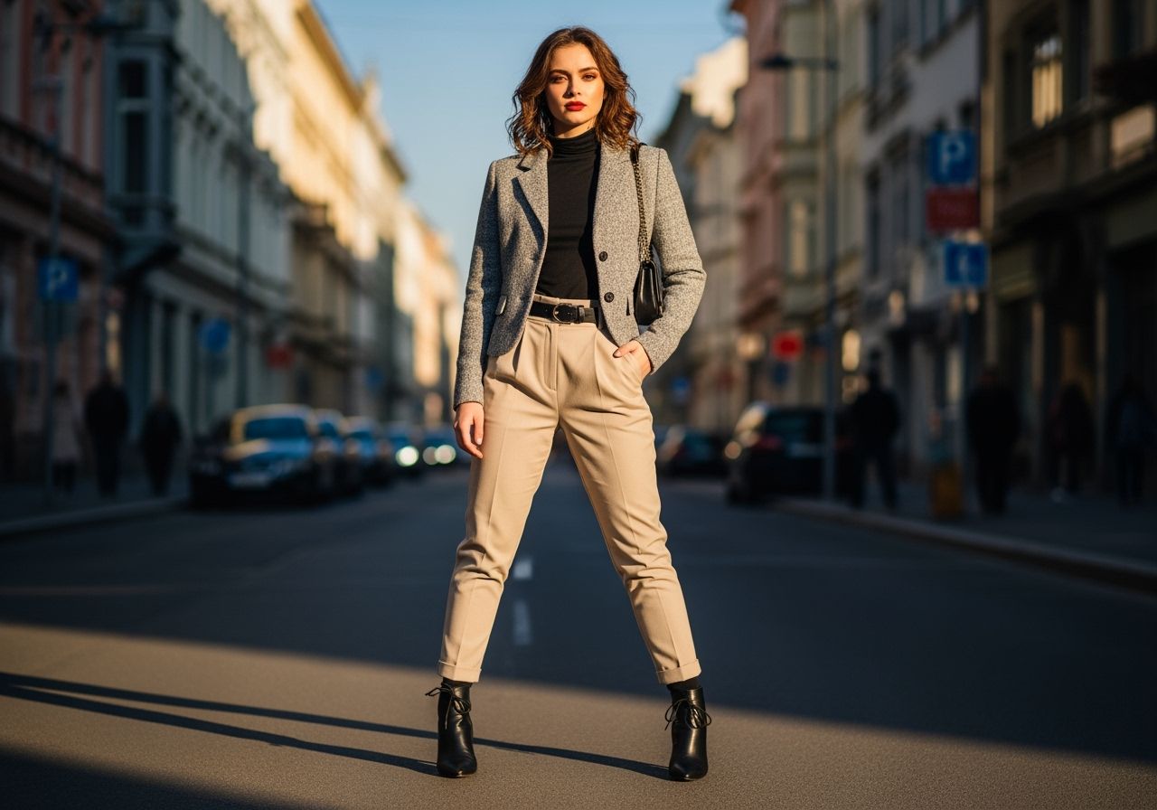 Mladá žena v krátkém saka a kalhotách stojí na městské ulici za měkkého večerního světla.