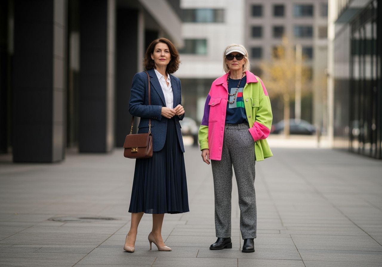 Stylová 50letá žena v elegantním oblečení vedle nepřiměřeného outfitu pro věk, městské prostředí, přirozené světlo