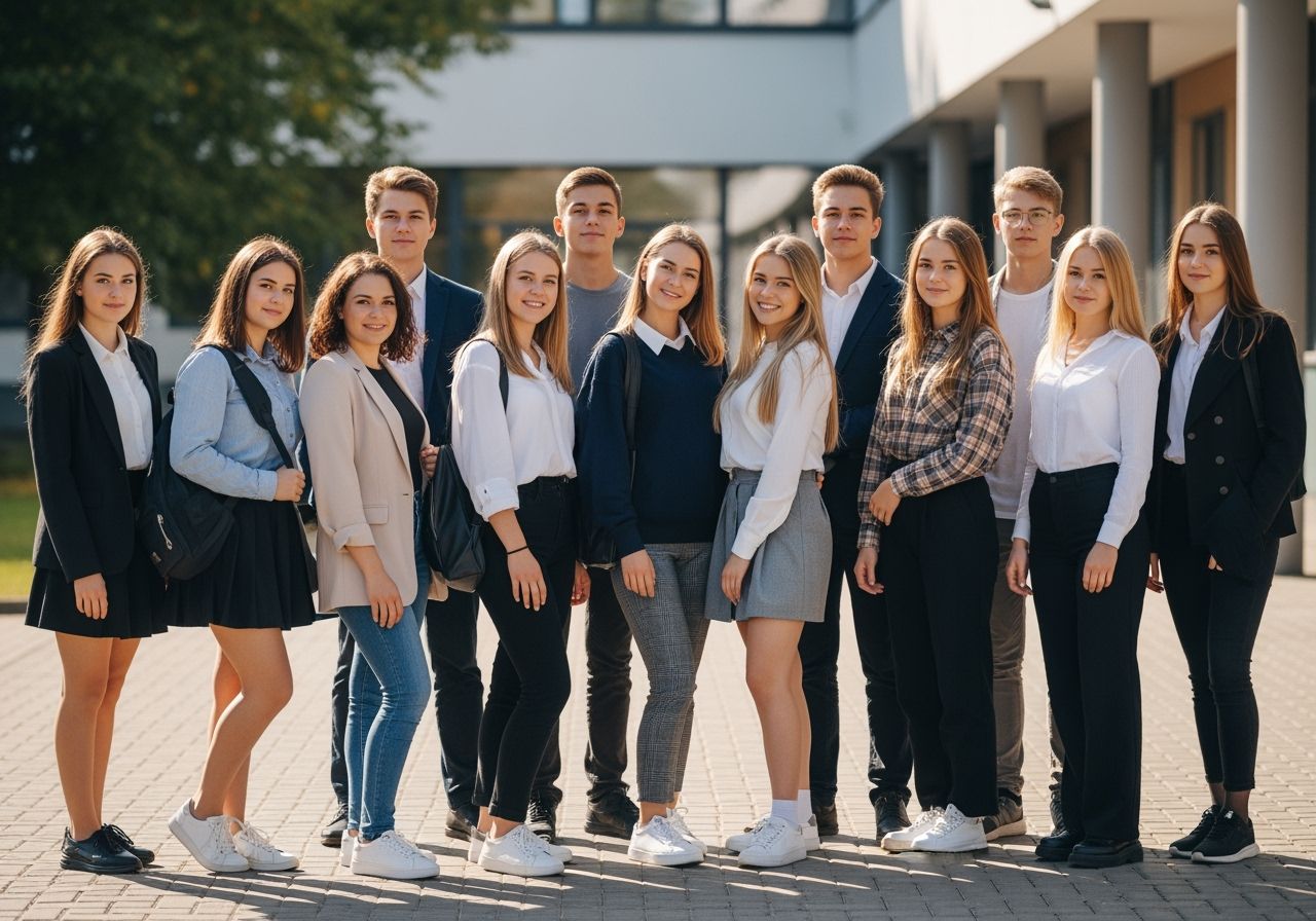 Skupina dospívajících studentů před moderní školou za slunečného dne, v různém oblečení, sebevědomí.