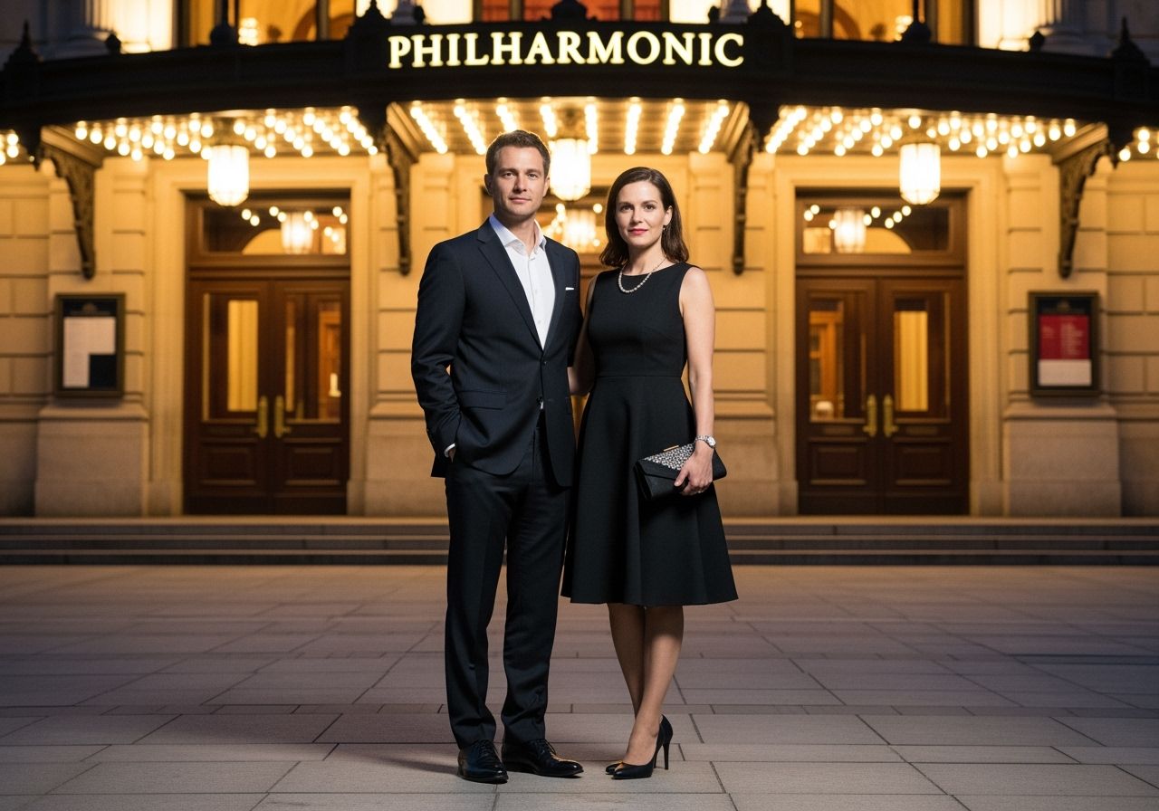 Muž a žena v elegantním oblečení stojí u vchodu do filharmonie večer se světly na pozadí