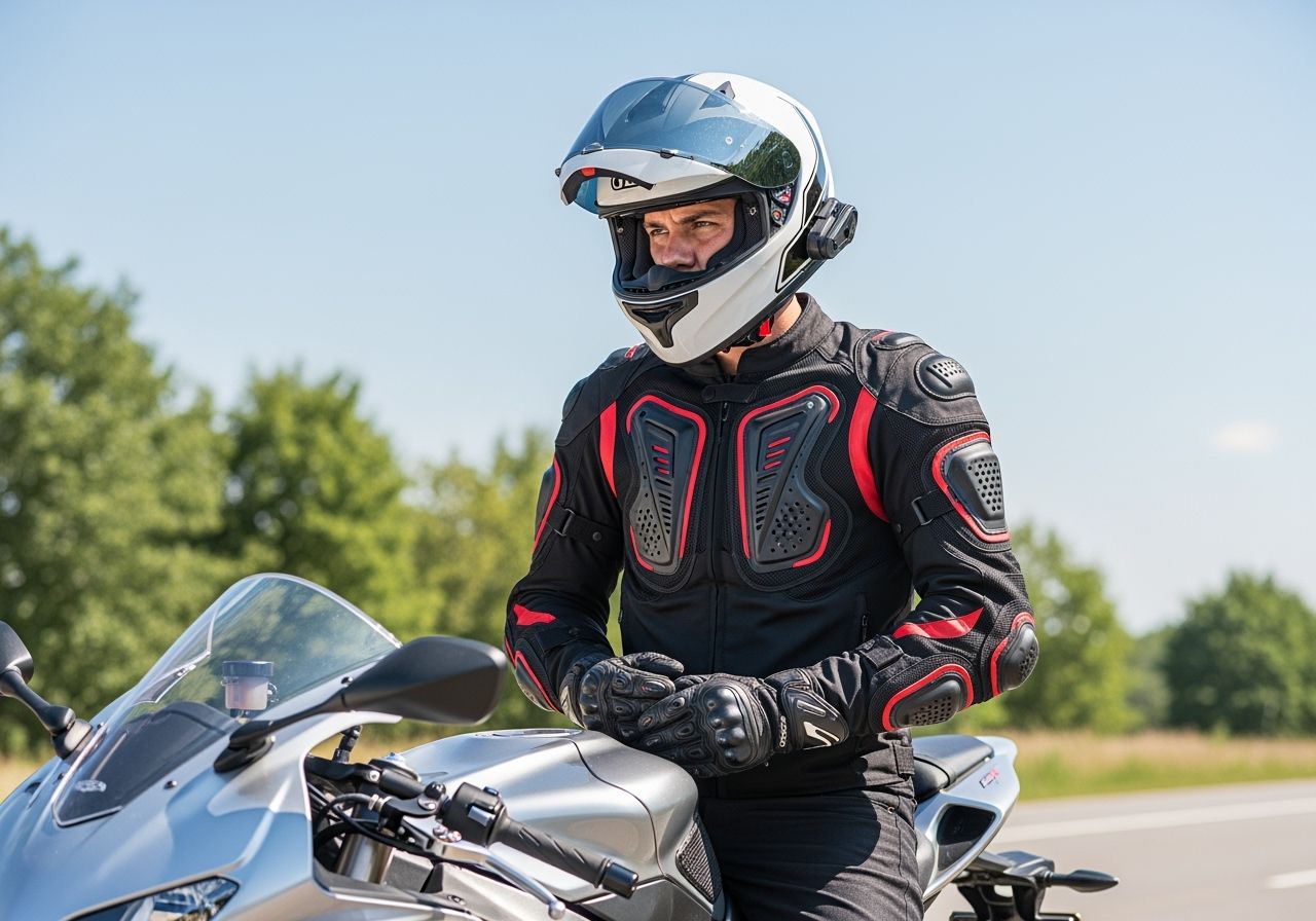 Motorkář v ochranné výbavě stojí u sportovního motocyklu na otevřené silnici za slunečného dne