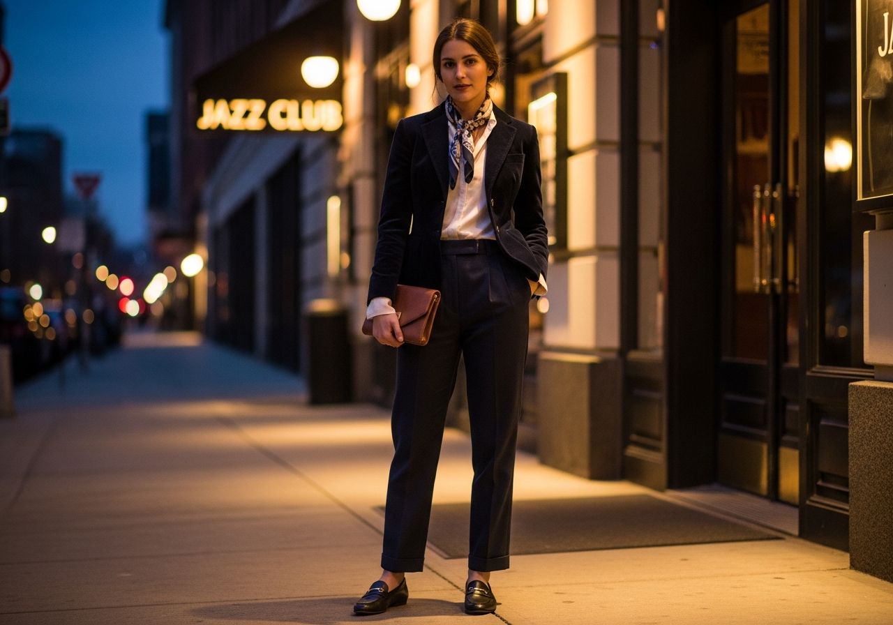 Stylová žena před jazzovým klubem v elegantním outfitu s kabelkou a šálou ve večerním městě