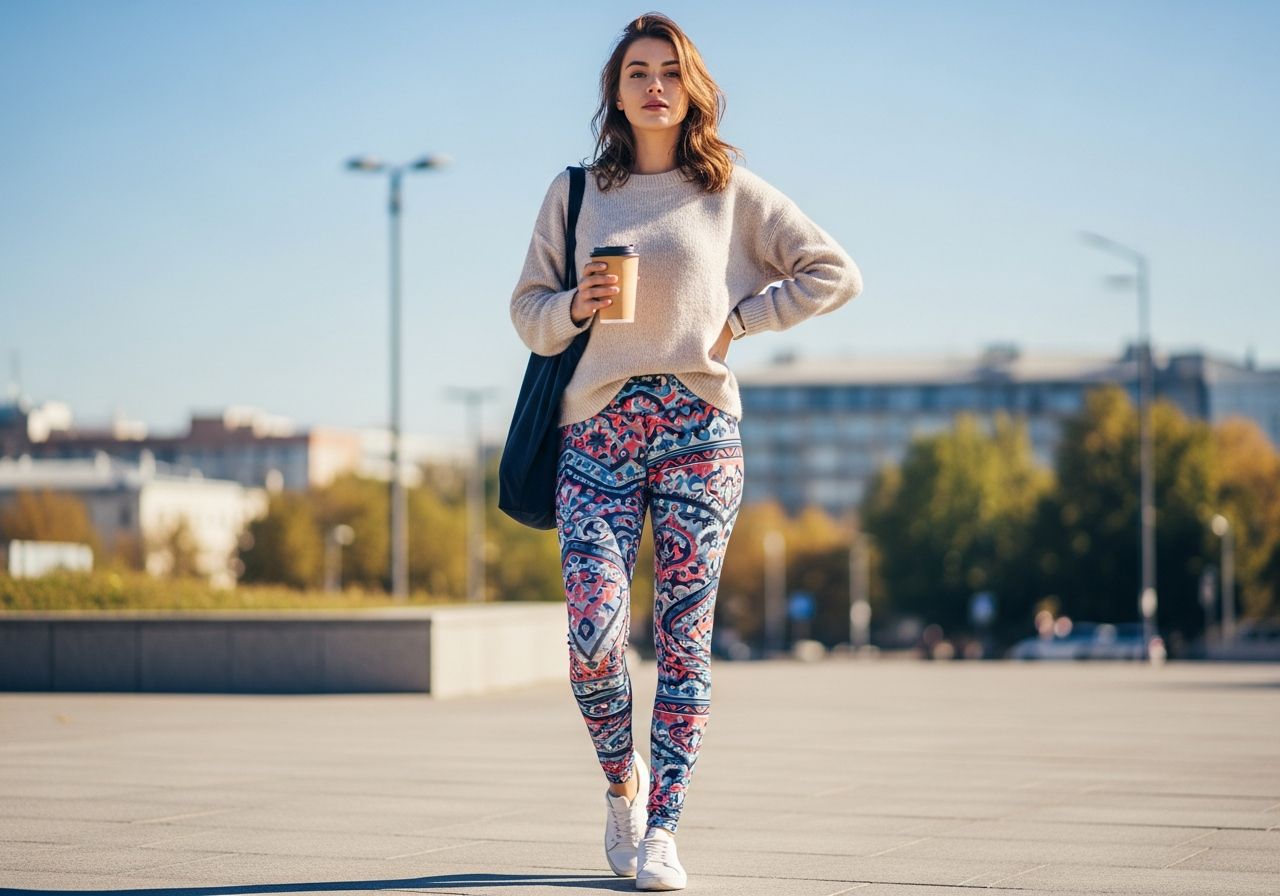 Mladá žena v městském prostředí s kávou, vzorované legíny, světle svetr a bílé tenisky.