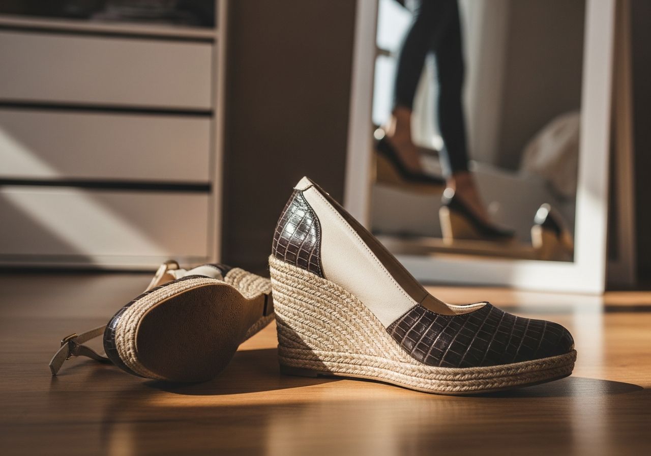 Detailní záběr stylových klínových bot na dřevěné podlaze s rozmazaným šatníkem v pozadí
