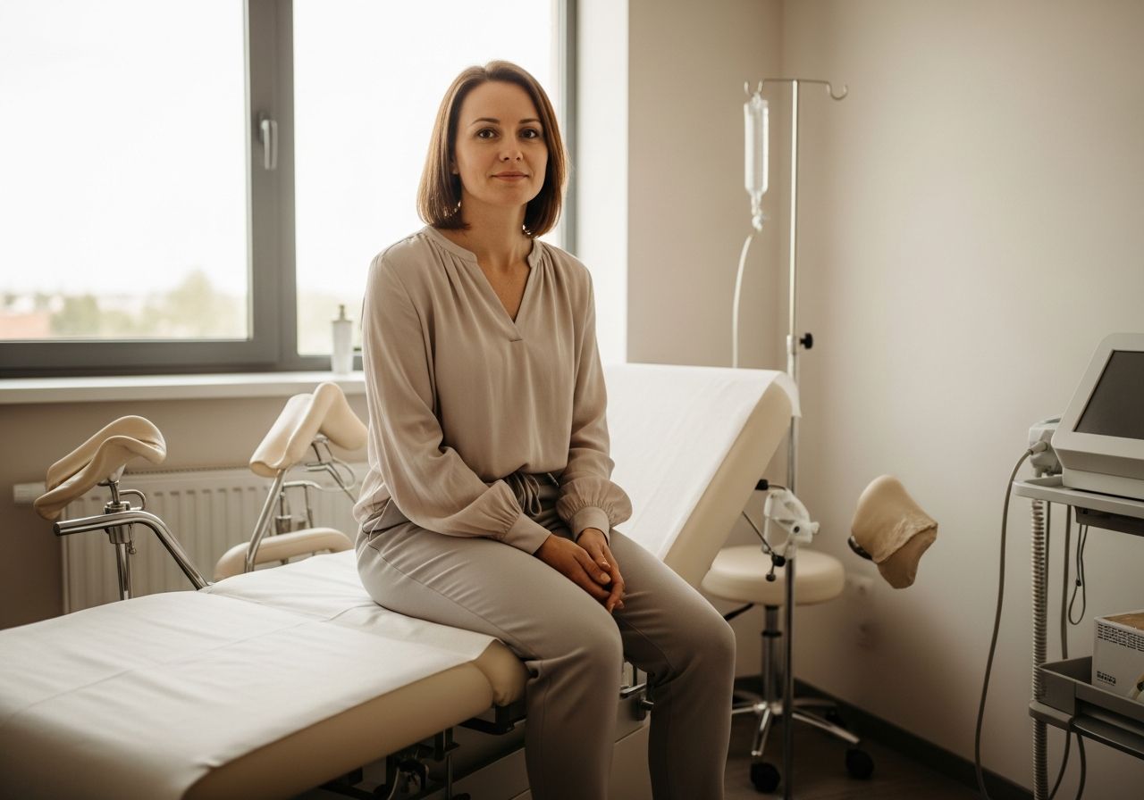Žena sedí na okraji vyšetřovacího stolu v gynekologické ordinaci, v pohodlném oblečení, klidná a uvolněná.