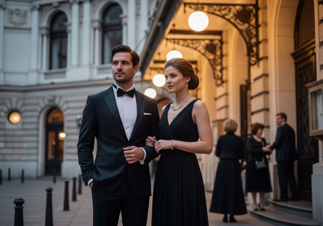 Elegantní pár před historickou operou při večerní události, oblečený formálně, ostatní hosté v pozadí