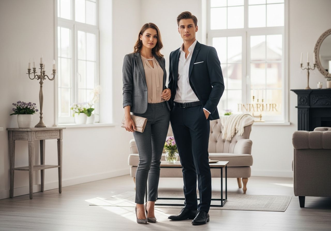 Mladý pár připravený na výroční oslavu v elegantním obývacím pokoji za denního světla.