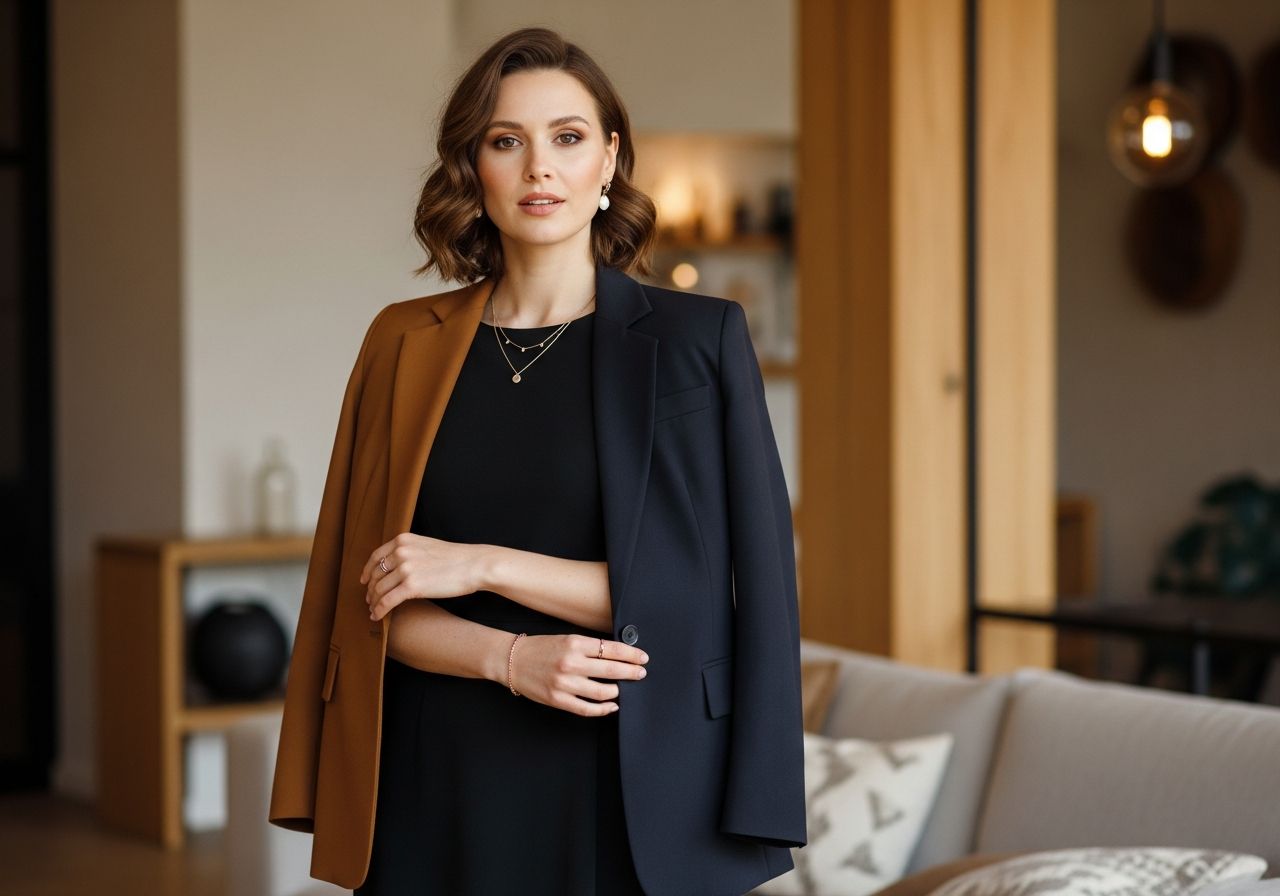Stylová žena v elegantních šatech a sako stojí v moderním interiéru s teplým neutrálním pozadím.