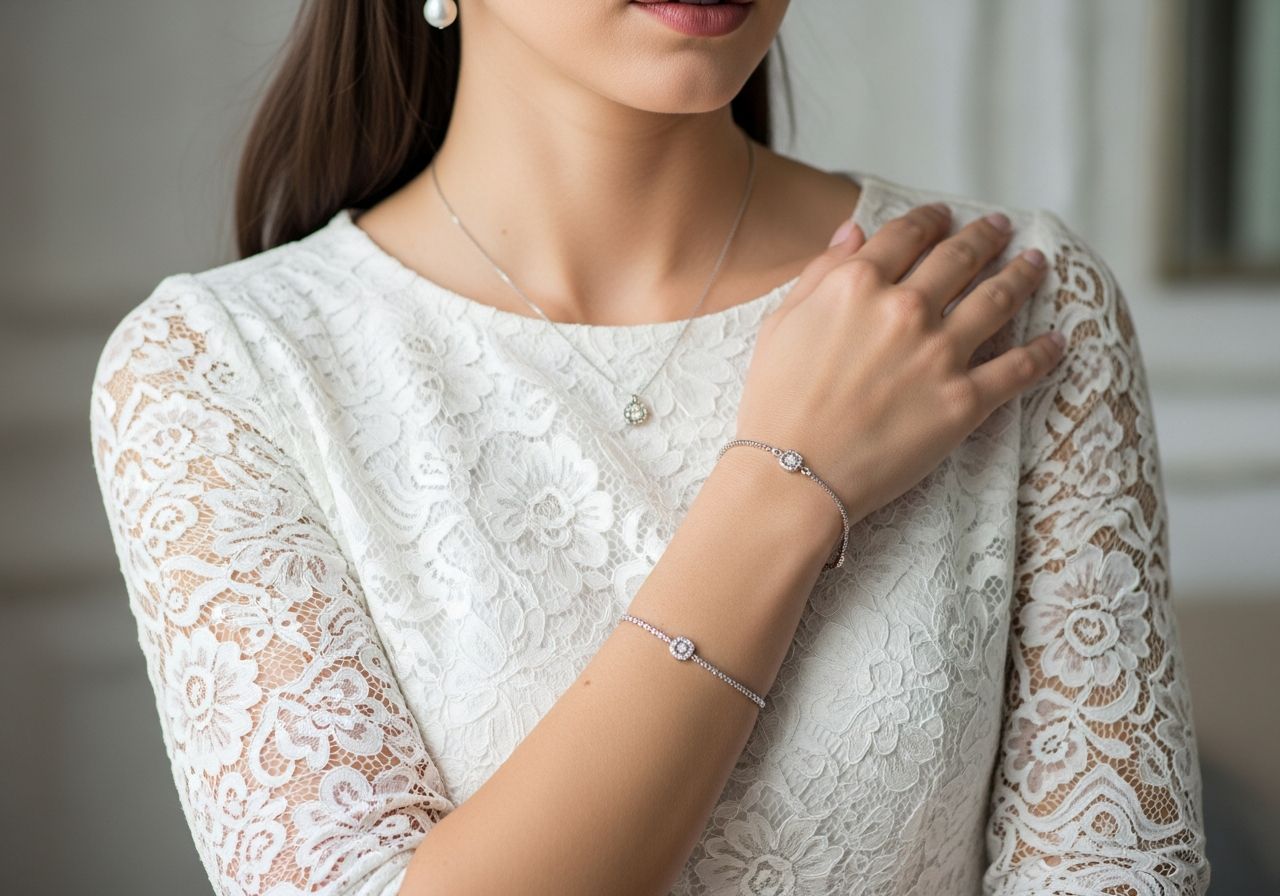 Žena v bílé krajkové šatech s perlovými náušnicemi a jemným náramkem na neutrálním pozadí