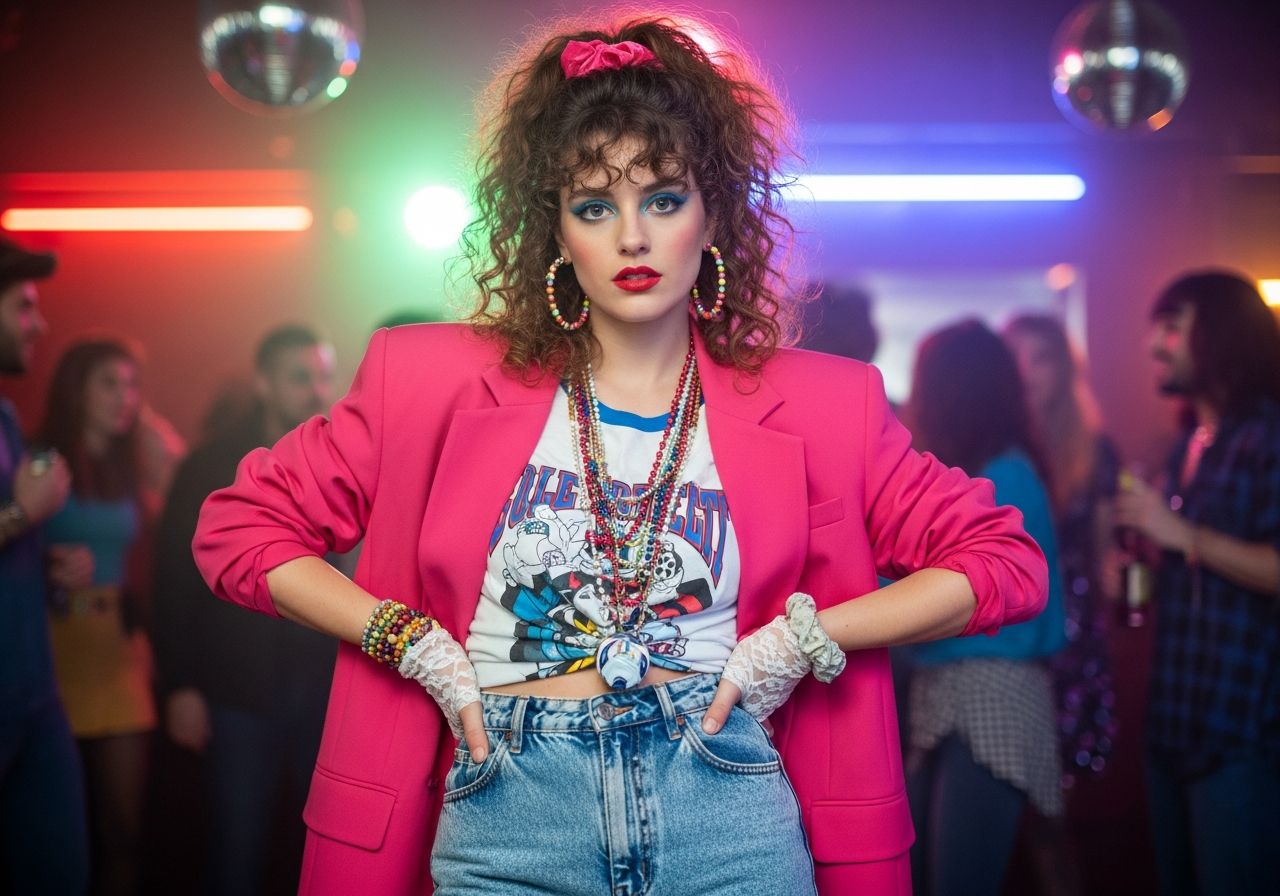 Mladá žena v růžovém blejzru a džínách z 80. let na párty s neonovými světly a disco koulí.