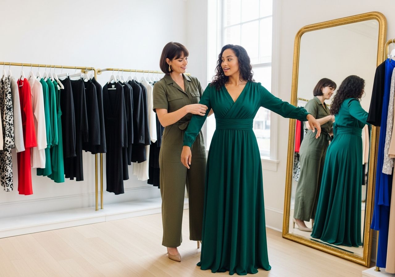 Stylistka pomáhá ženě vybrat elegantní outfit v moderním butiku s oblečením na ramínkách.