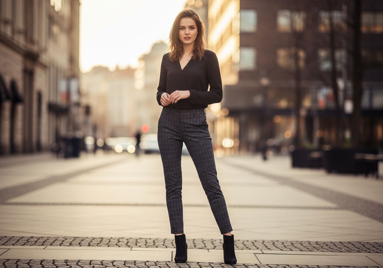 Mladá žena ve slim fit kalhotách stojí na městské ulici za zlaté hodiny s moderním outfitem