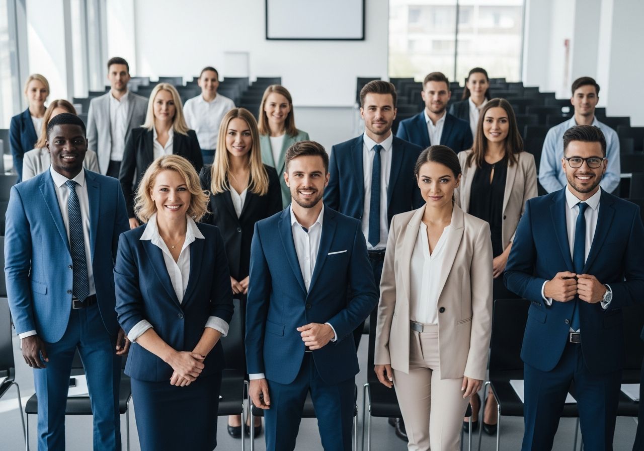 Skupina profesionálů v různém formálním a smart casual oblečení v konferenční hale s přirozeným světlem