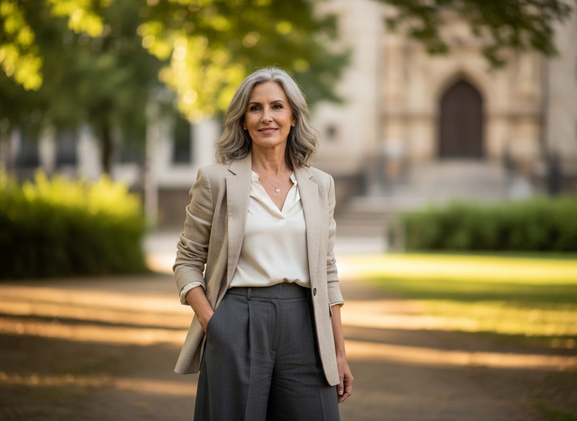 Sebevědomá žena 50+, oblečená v béžovém saku, stojí venku v městském parku za teplého světla.