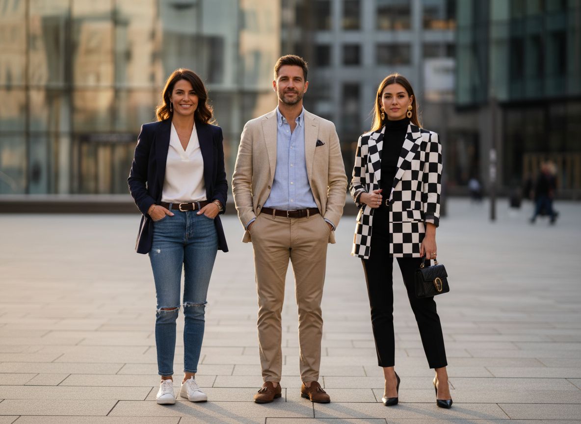 Tři lidé venku v různých stylech saka při zlaté hodině ve městě s moderní architekturou