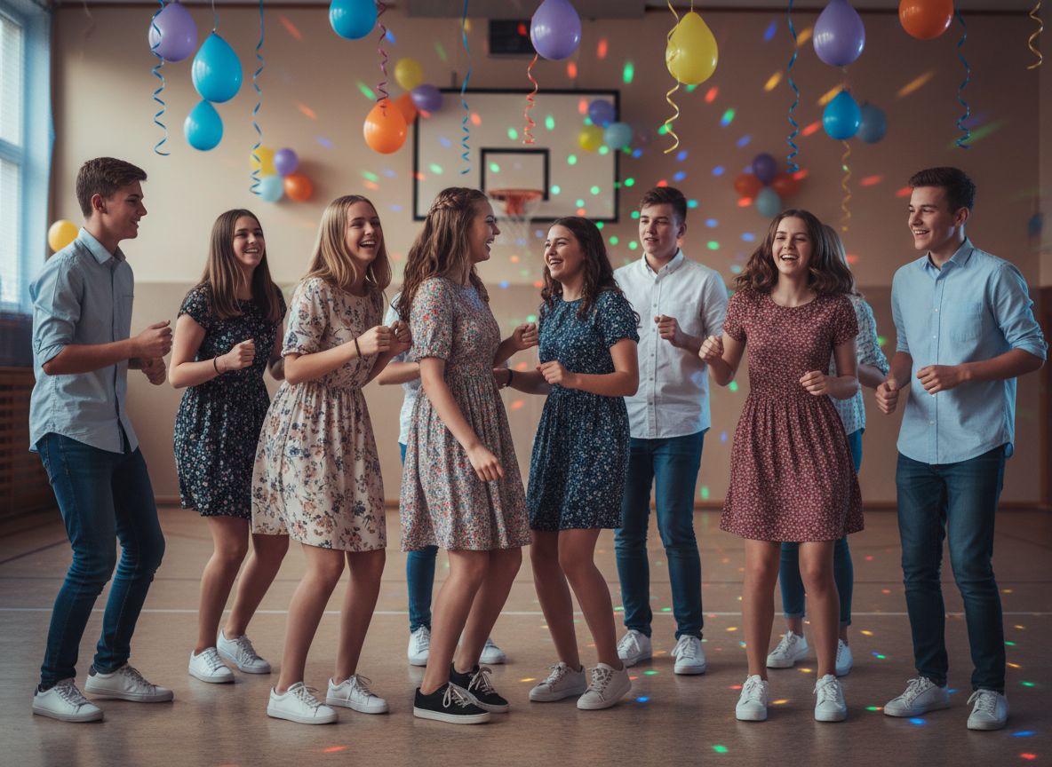 Skupina teenagerů tančí na školním disku v tělocvičně s balónky a barevnými světly.