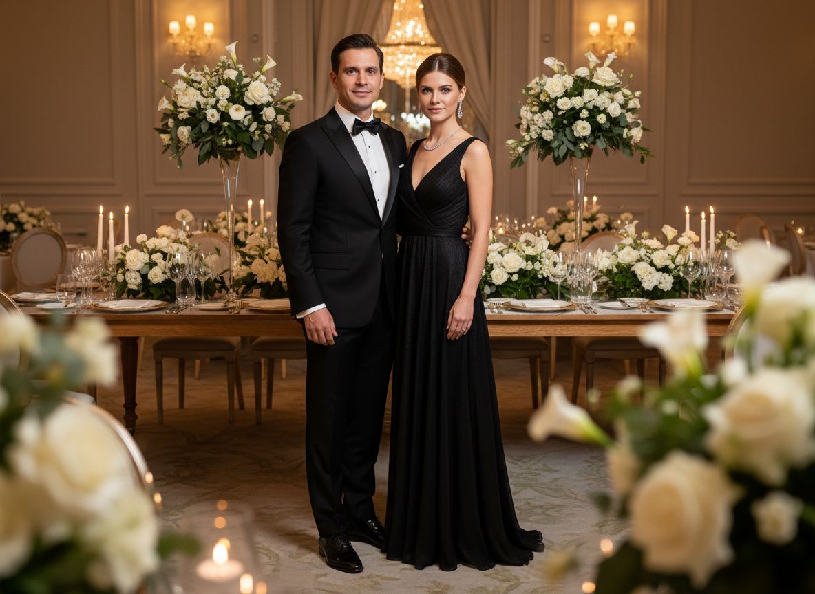 Muž v obleku a žena v šatech stojí vedle sebe v luxusní banketní síni s elegantním stolem.